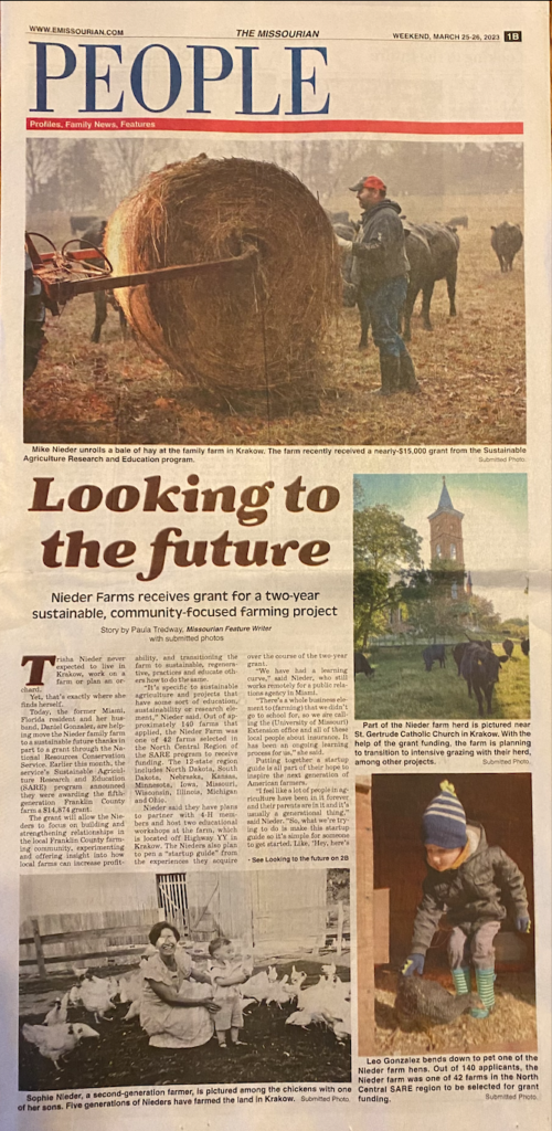 Newspaper clipping showing an article about the Nieder Farm receiving the SARE grant.